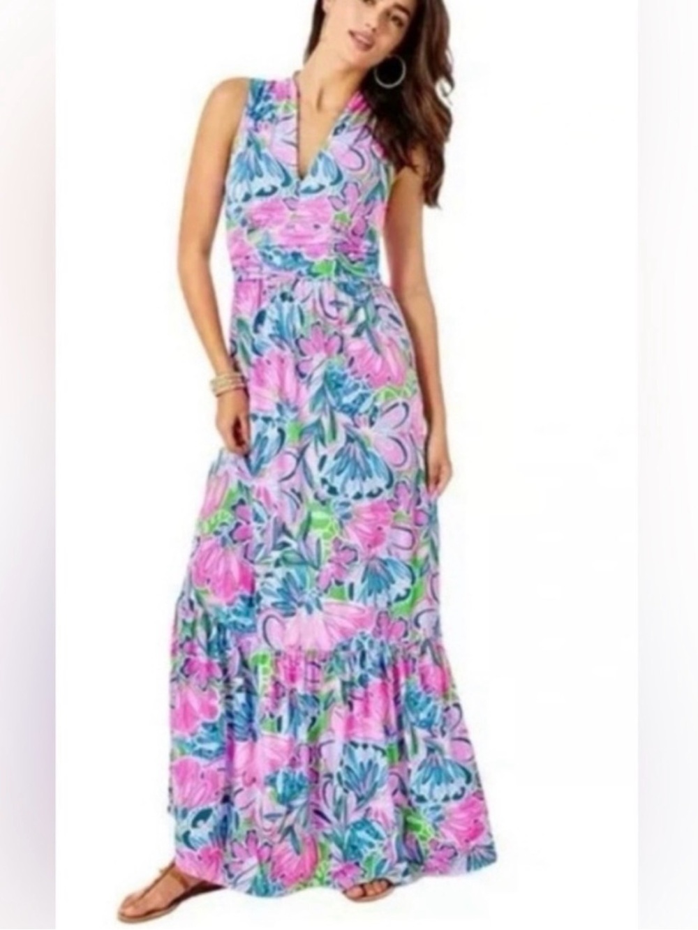 Lilly Pulitzer Pearce Maxi Floral Tiered V-Neck Maxi Dress Size Medium